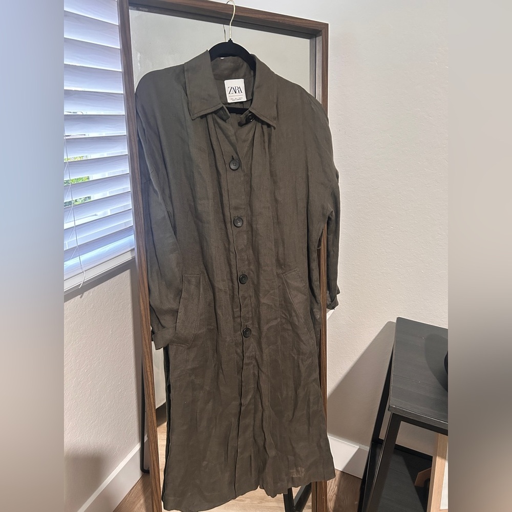 Zara Women's Olive 100% linen Long Coat